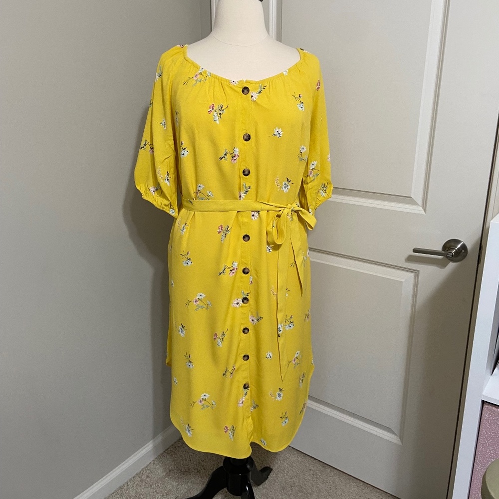 LOFT Plus Yellow Floral Button-Down Shirt Dress
